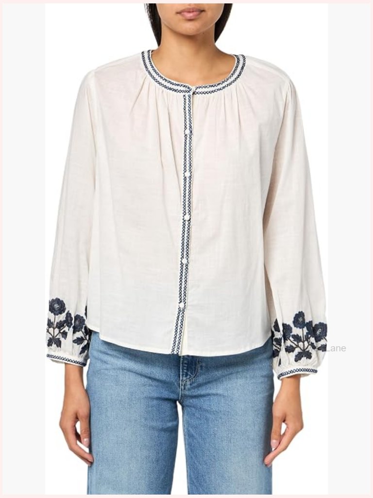 Women's Floral Embroidery Notch Neck Long Sleeve Blouse Top